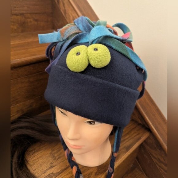 Blue Fleece Hat with Mohawk Fringe Ear Flaps & Chin Strap Sz M adult Youth L/XL - Picture 2 of 8